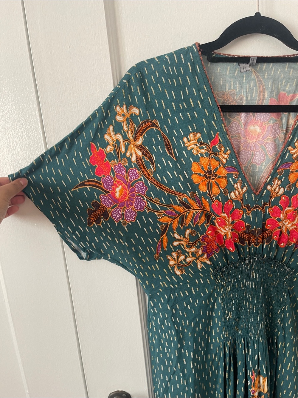 Anthropologie Bl-nk Tatiana Teal Floral V-Neck Midi Kaftan Dress - Picture 5 of 11